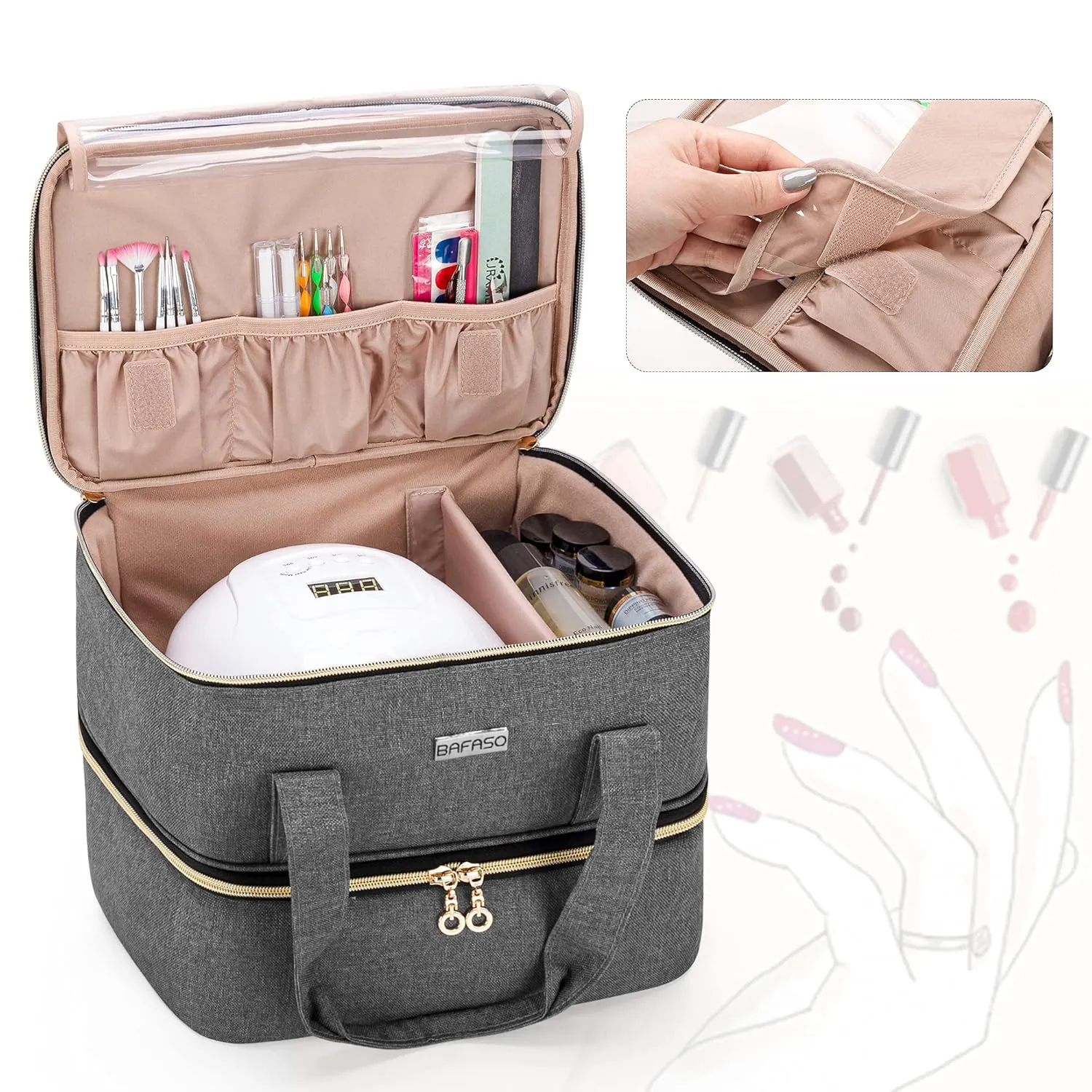 BAFASO Nail Polish Organizer Holds 40 Bottles (15ml - 0.5 fl.oz) and a Nail Lamp, Nail Polish Carrying Case with Manicure Tools Storage Sections (Bag Only), Gray