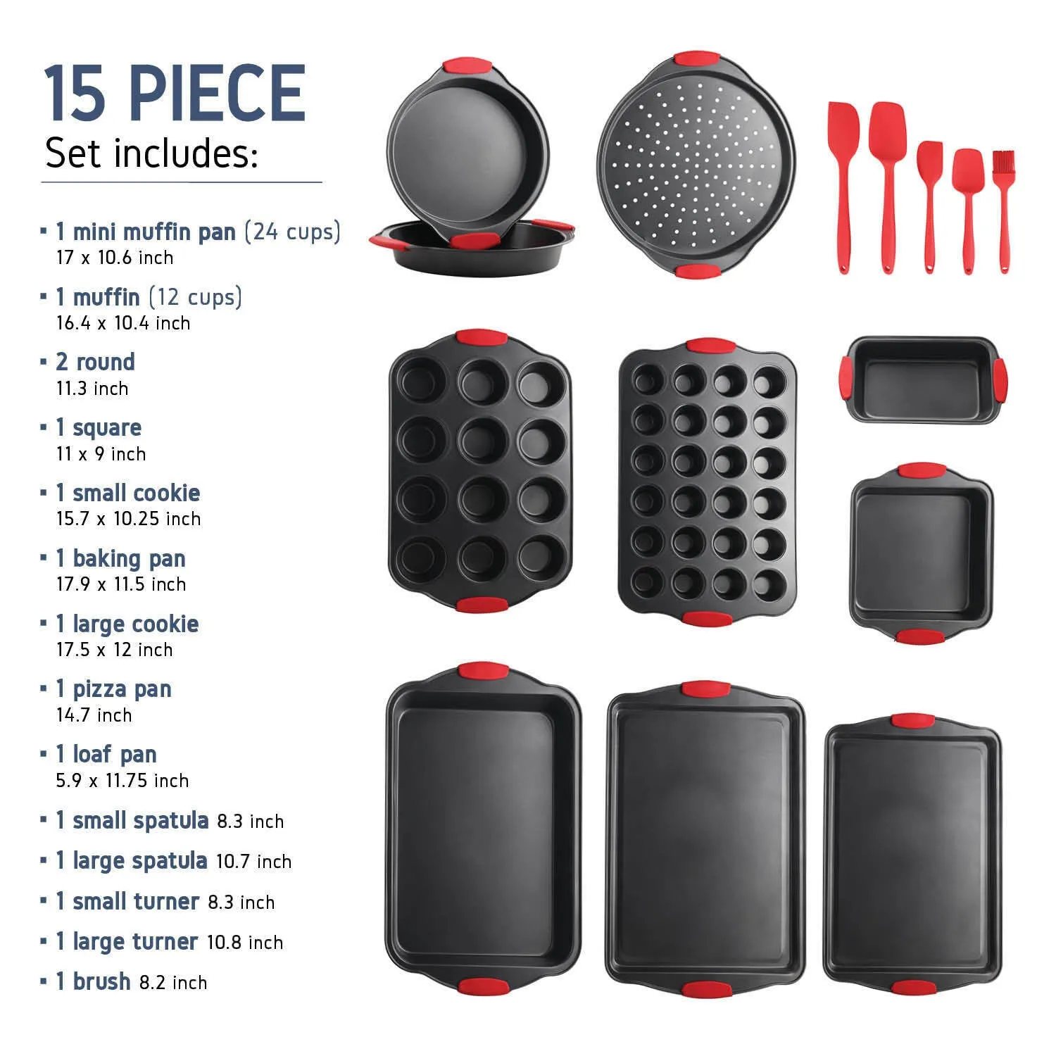 Baking Pan Set - 15pc Carbon Steel Nonstick Oven Safe Silicone Handles