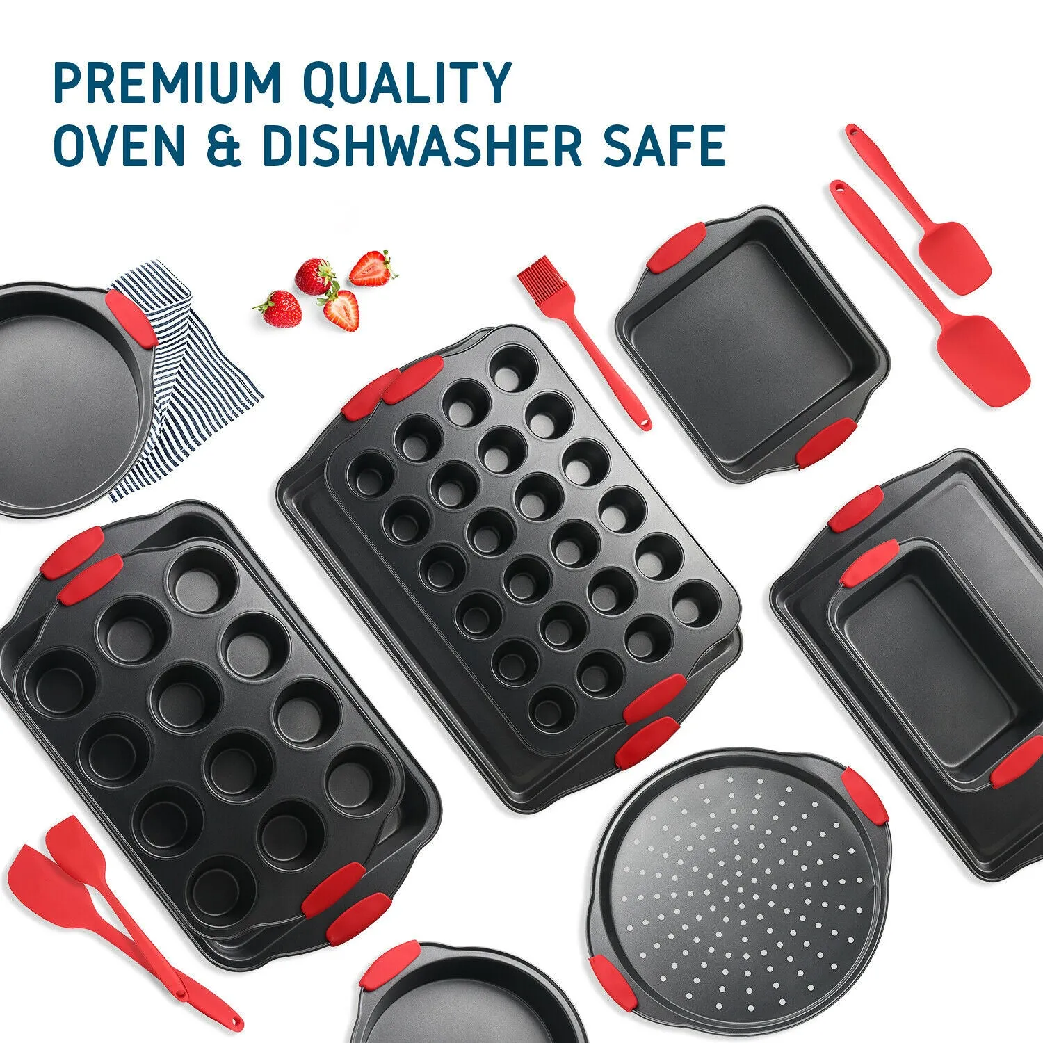 Baking Pan Set - 15pc Carbon Steel Nonstick Oven Safe Silicone Handles