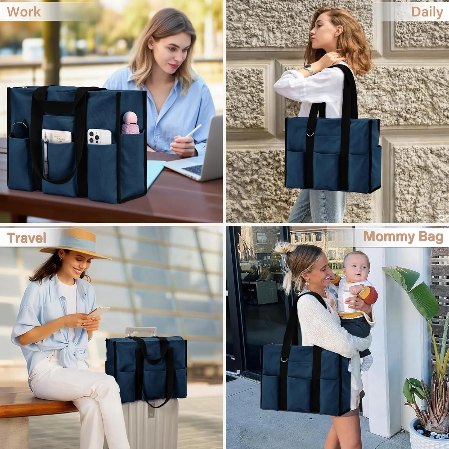 Becokan Large Tote Bag for Women Waterproof with 12 Pockets Top Zipper Closure Utility Teacher Nurse Bags for Work School