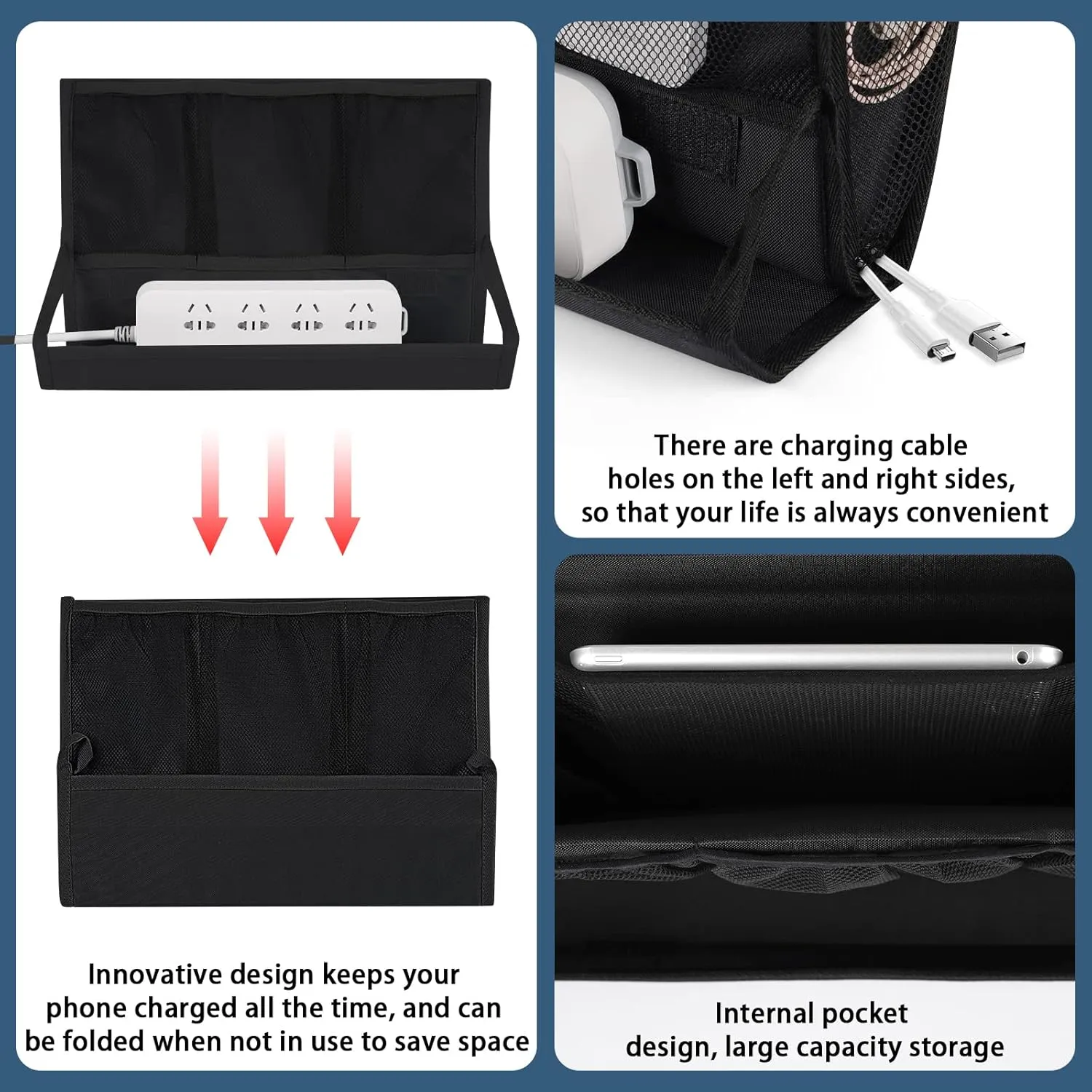 Bedside Caddy Bedside Storage Organizer Bedside Organizer with Power Strip Holder and 2 Adjustable Straps for Home Bunk Bed College Dorm Sofa (2 Pack Black)