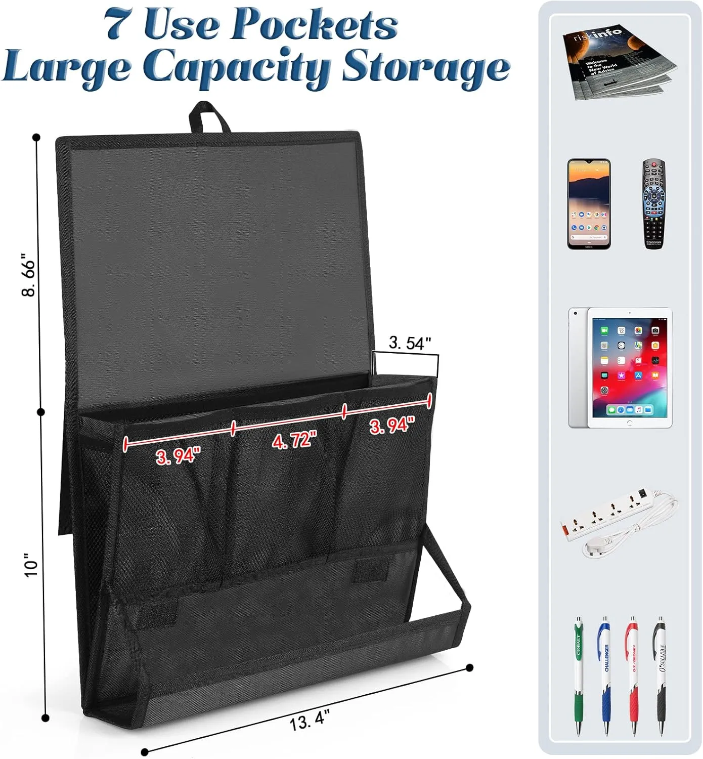 Bedside Caddy Bedside Storage Organizer Bedside Organizer with Power Strip Holder and 2 Adjustable Straps for Home Bunk Bed College Dorm Sofa (2 Pack Black)