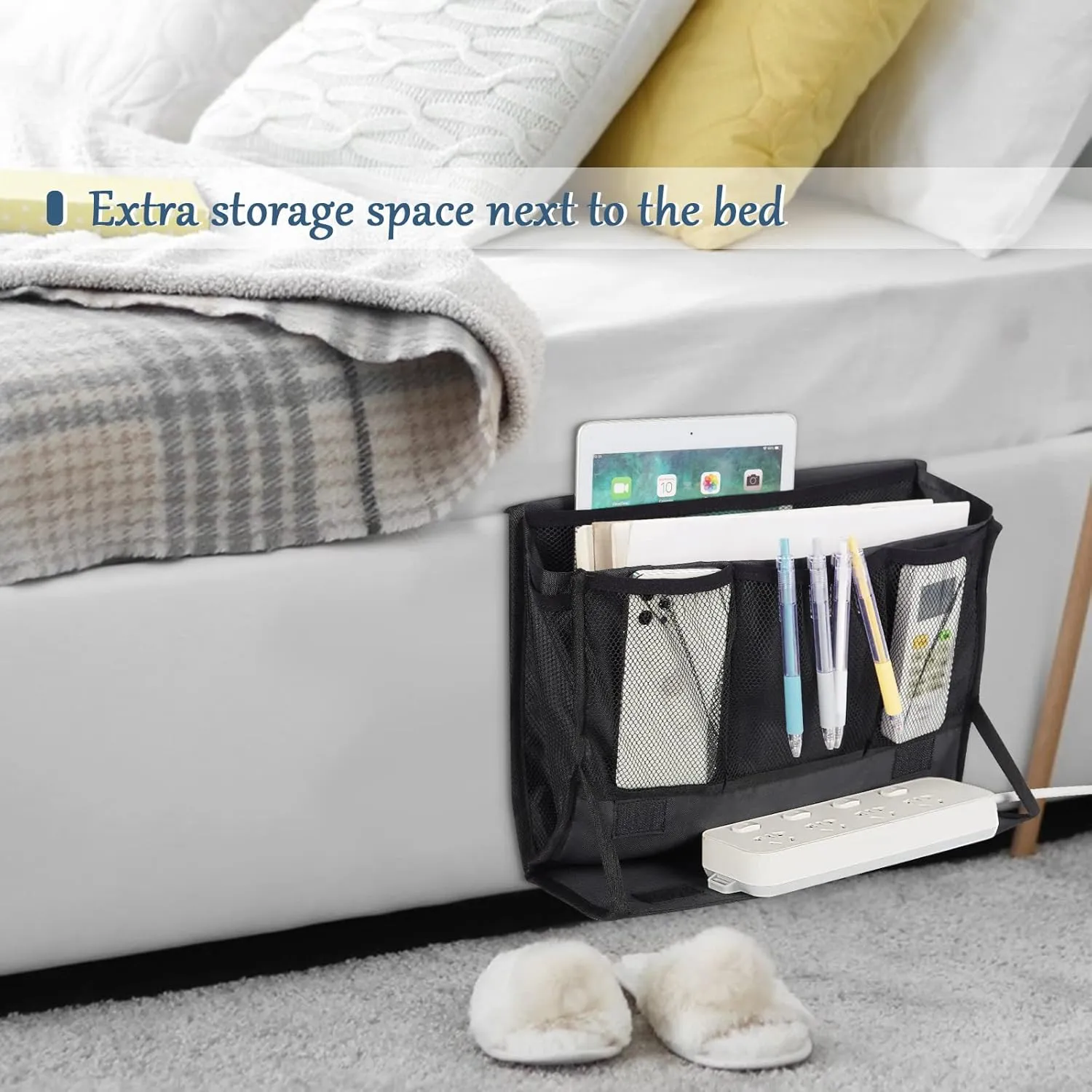 Bedside Caddy Bedside Storage Organizer Bedside Organizer with Power Strip Holder and 2 Adjustable Straps for Home Bunk Bed College Dorm Sofa (2 Pack Black)