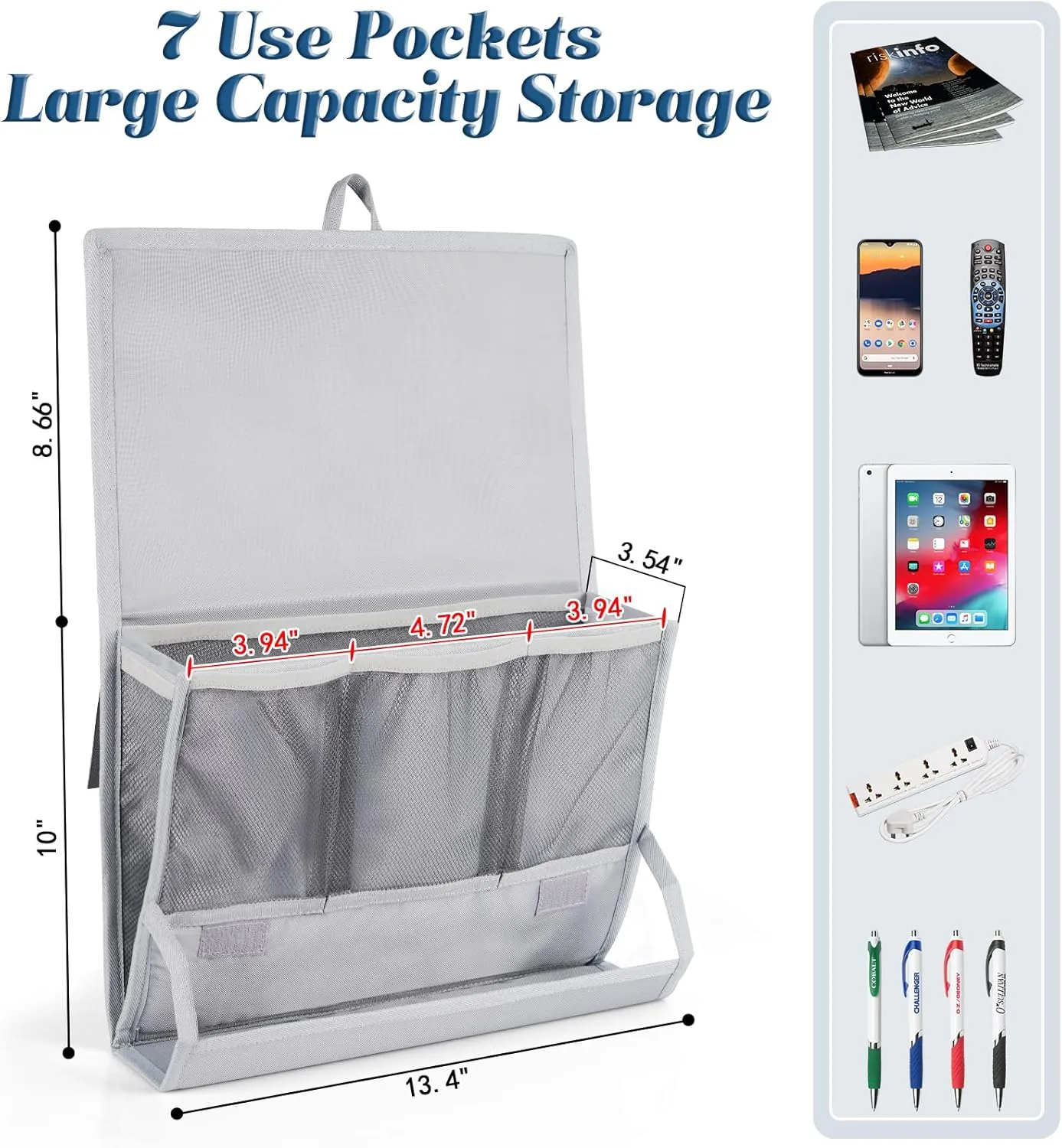 Bedside Caddy Bedside Storage Organizer Bedside Organizer with Power Strip Holder and 2 Adjustable Straps for Home Bunk Bed College Dorm Sofa (2 Pack Light Gray)