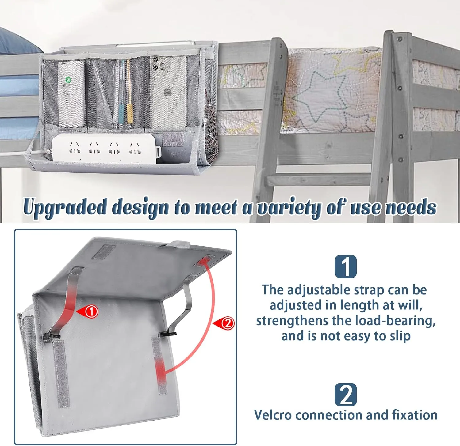 Bedside Caddy Bedside Storage Organizer Bedside Organizer with Power Strip Holder and 2 Adjustable Straps for Home Bunk Bed College Dorm Sofa (2 Pack Light Gray)