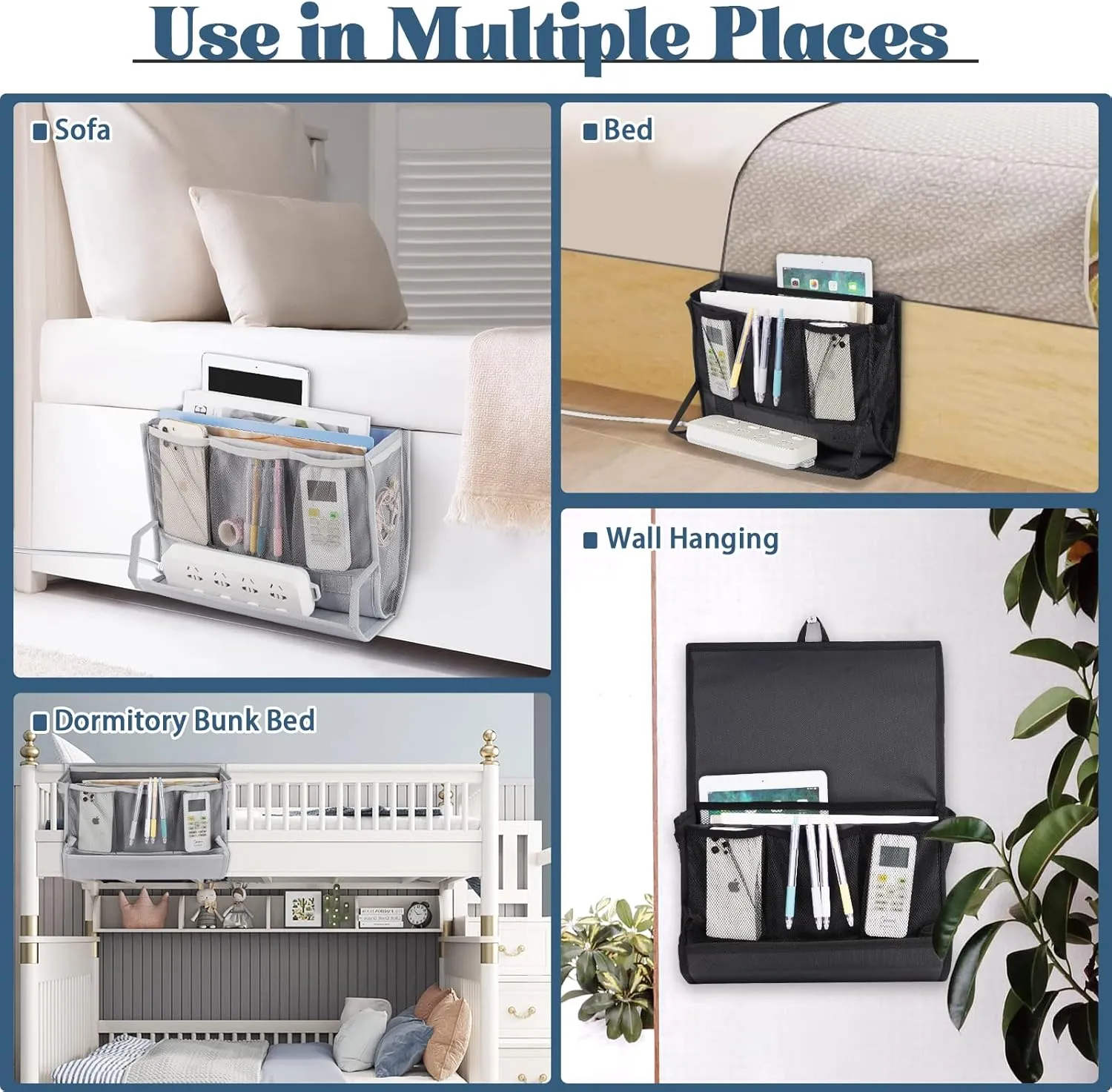 Bedside Caddy Bedside Storage Organizer Bedside Organizer with Power Strip Holder and 2 Adjustable Straps for Home Bunk Bed College Dorm Sofa (2 Pack Light Gray)