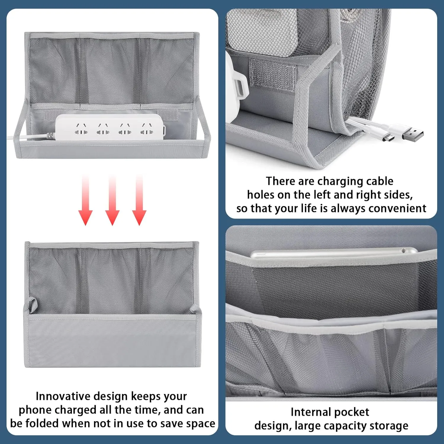 Bedside Caddy Bedside Storage Organizer Bedside Organizer with Power Strip Holder and 2 Adjustable Straps for Home Bunk Bed College Dorm Sofa (2 Pack Light Gray)