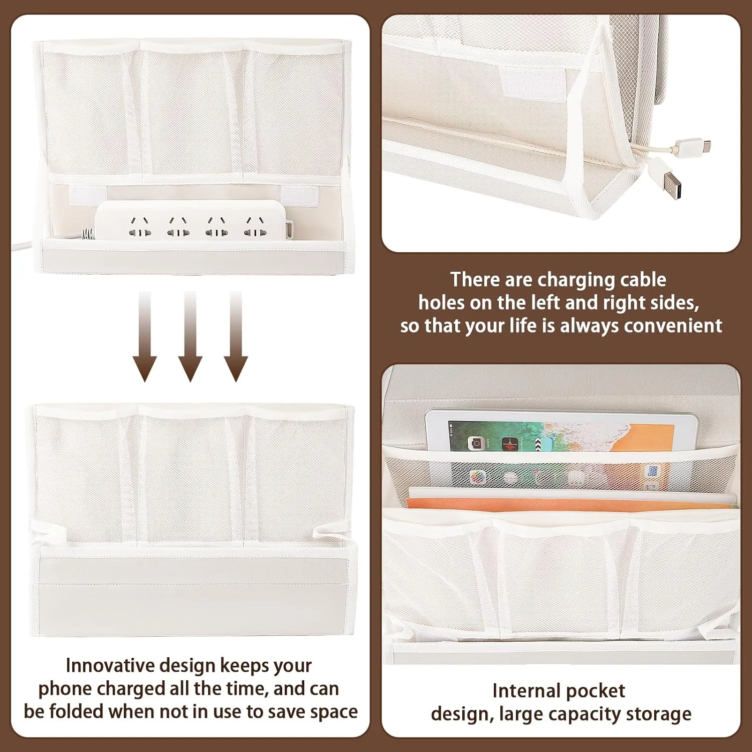 Bedside Caddy Bedside Storage Organizer Bedside Organizer with Power Strip Holder and 2 Adjustable Straps for Home Bunk Bed College Dorm Sofa (2 Pack White)