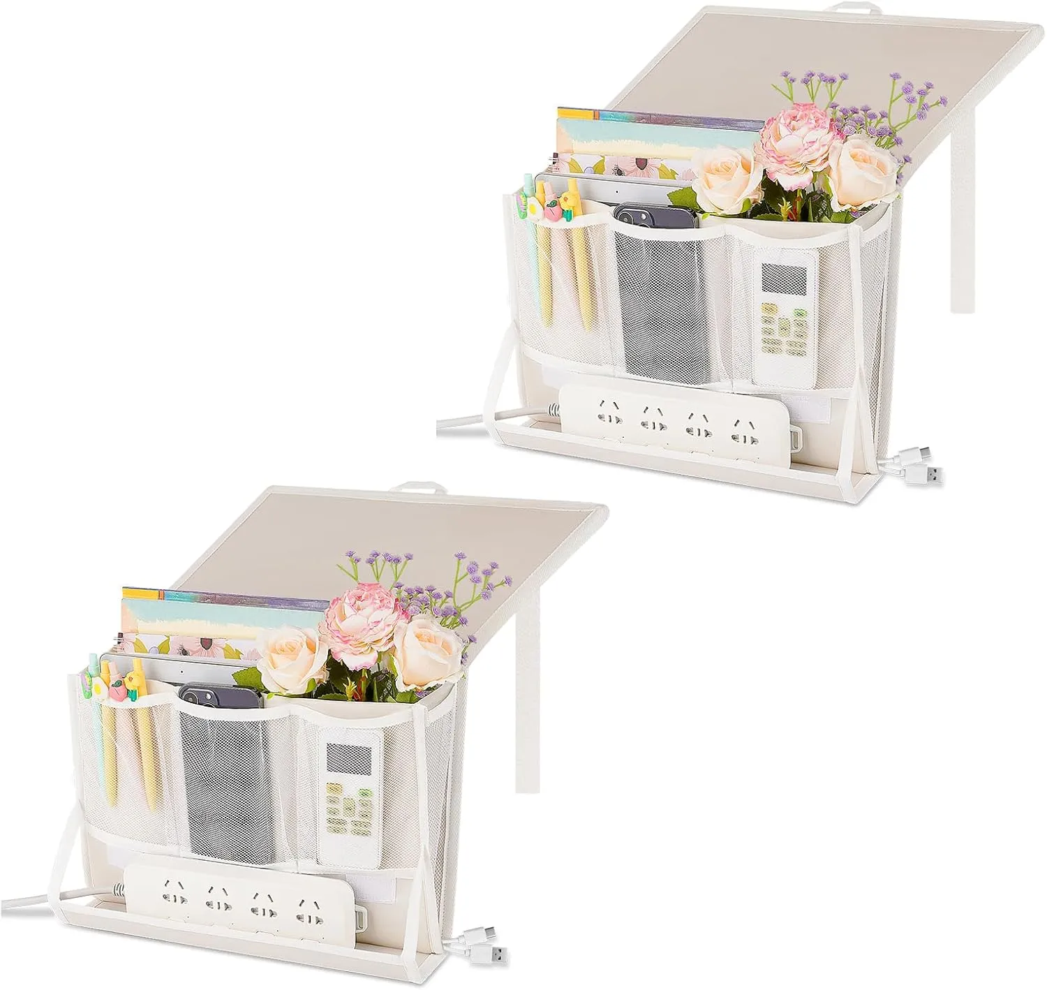 Bedside Caddy Bedside Storage Organizer Bedside Organizer with Power Strip Holder and 2 Adjustable Straps for Home Bunk Bed College Dorm Sofa (2 Pack White)