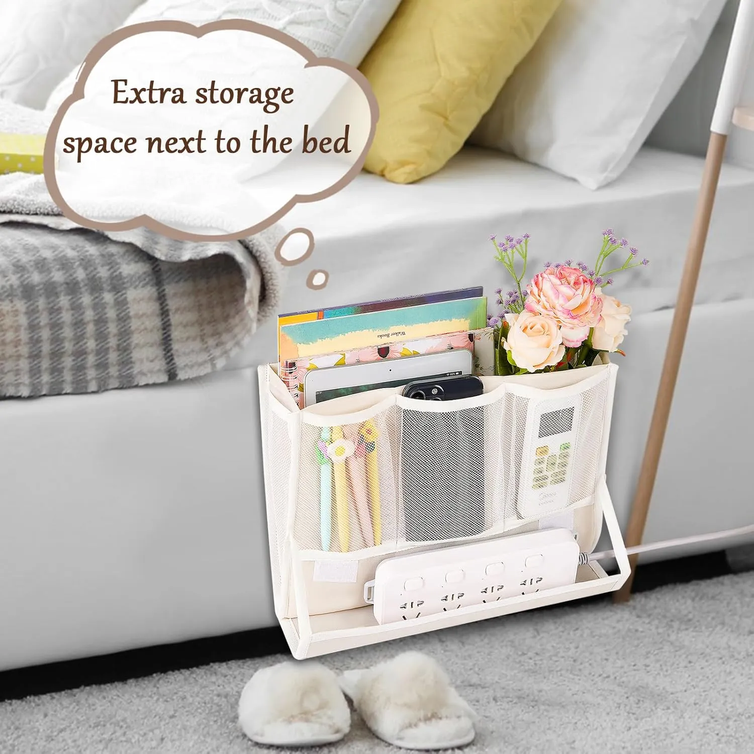 Bedside Caddy Bedside Storage Organizer Bedside Organizer with Power Strip Holder and 2 Adjustable Straps for Home Bunk Bed College Dorm Sofa (2 Pack White)