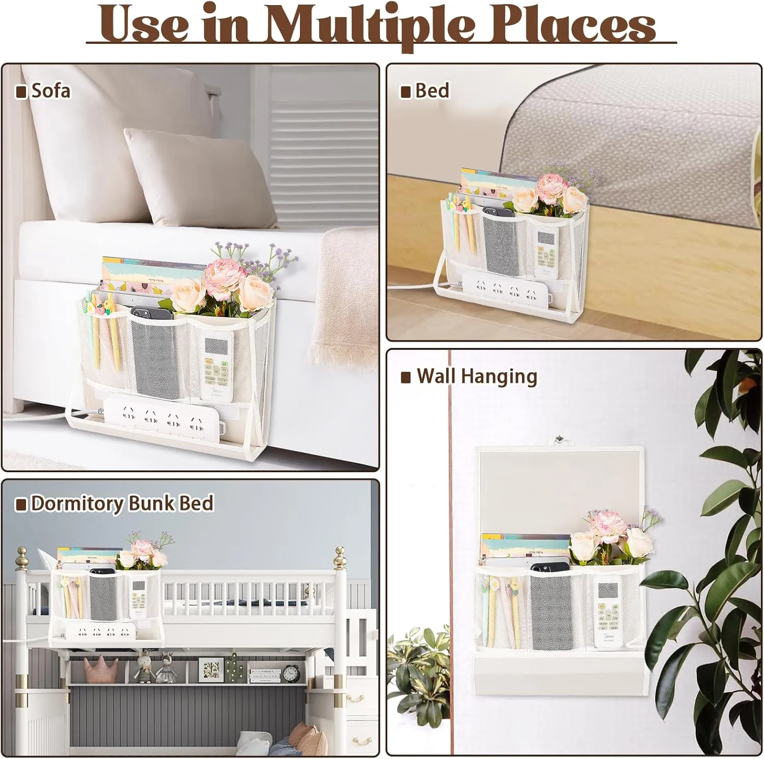 Bedside Caddy Bedside Storage Organizer Bedside Organizer with Power Strip Holder and 2 Adjustable Straps for Home Bunk Bed College Dorm Sofa (2 Pack White)