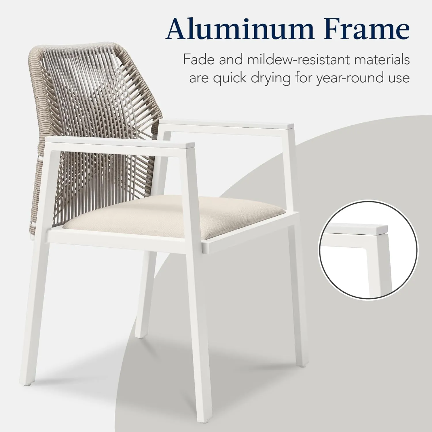 Best Choice Products Outdoor Dining Arm Chair Set of 2, Aluminum Frame with Armrest, All-Weather Woven Rope Chair Design - White/Alpine