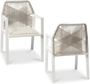 Best Choice Products Outdoor Dining Arm Chair Set of 2, Aluminum Frame with Armrest, All-Weather Woven Rope Chair Design - White/Alpine
