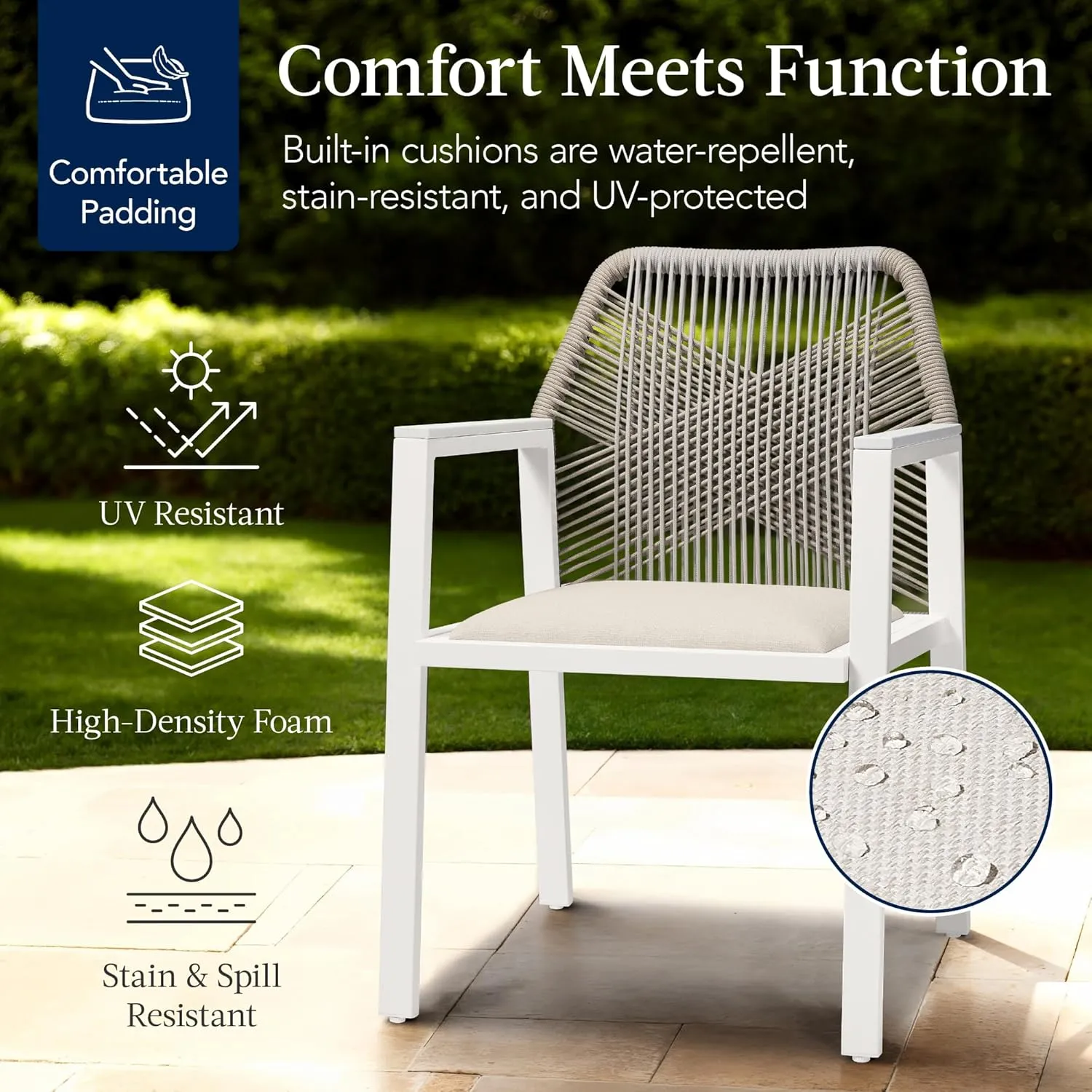 Best Choice Products Outdoor Dining Arm Chair Set of 2, Aluminum Frame with Armrest, All-Weather Woven Rope Chair Design - White/Alpine