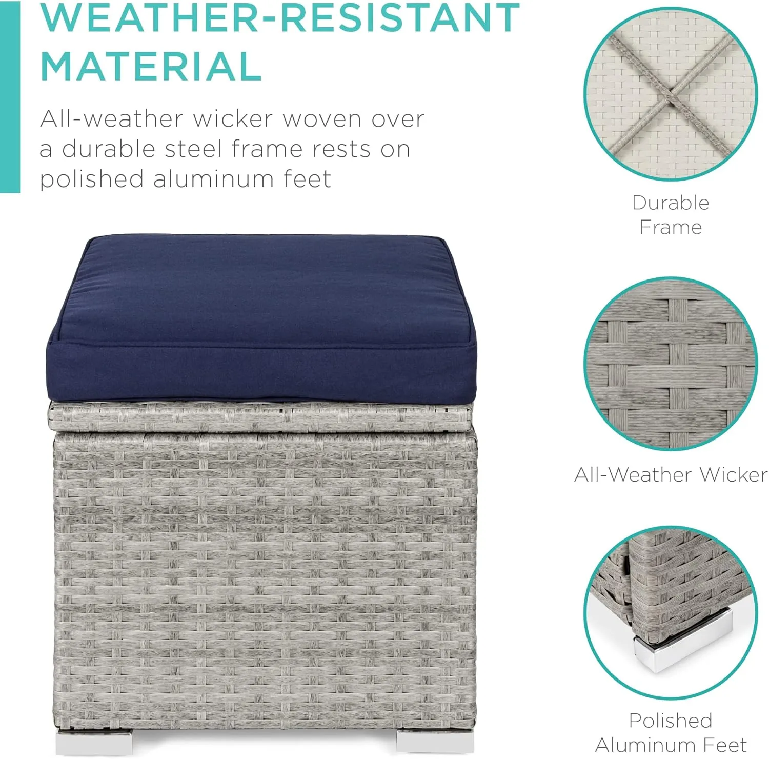 Best Choice Products Set of 2 Wicker Ottomans, Multipurpose Outdoor Furniture for Patio, Backyard, Additional Seating, Footrest, Side Table w/Storage, Removable Cushions - Gray/Navy