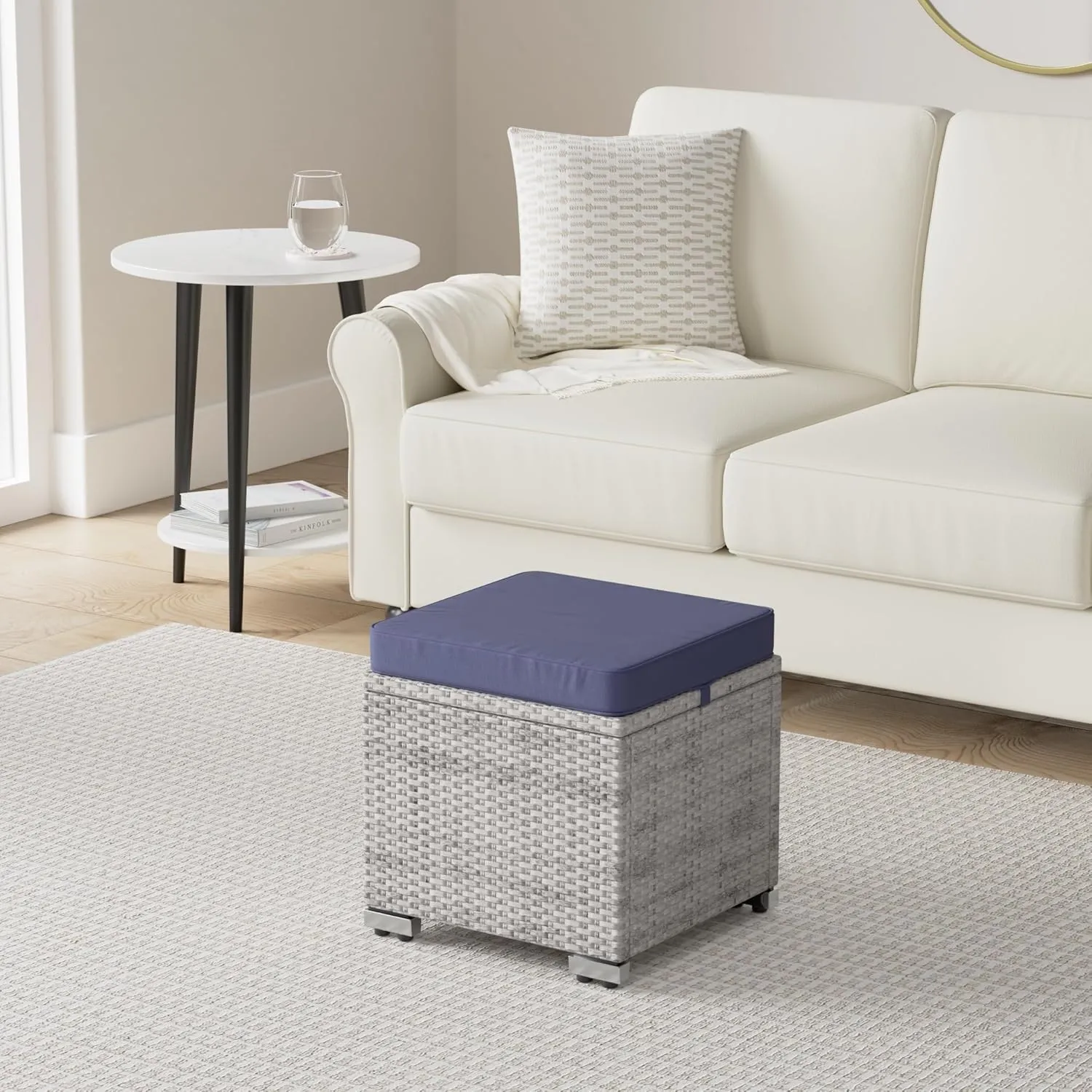 Best Choice Products Set of 2 Wicker Ottomans, Multipurpose Outdoor Furniture for Patio, Backyard, Additional Seating, Footrest, Side Table w/Storage, Removable Cushions - Gray/Navy