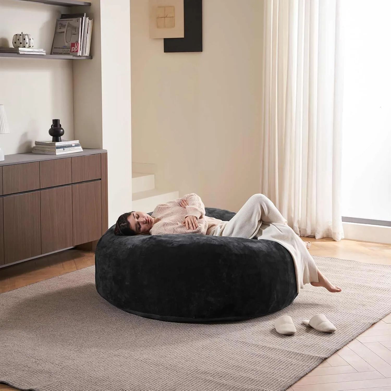 Big Bean Bag，Bean Bag Chair with Filler Included，5FT，Soft Memory Foam Chair，Removable and Washable Flannel Cover, Suitable for Living Room, Bedroom and Dormitory. (Black)