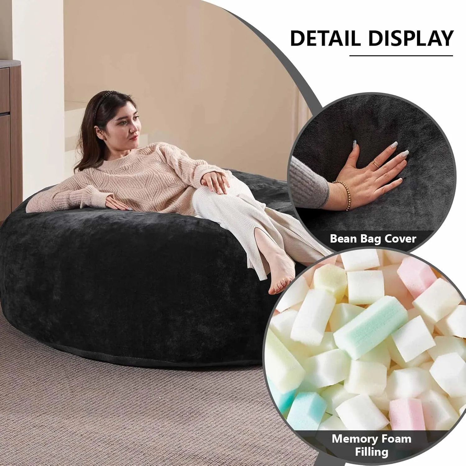 Big Bean Bag，Bean Bag Chair with Filler Included，5FT，Soft Memory Foam Chair，Removable and Washable Flannel Cover, Suitable for Living Room, Bedroom and Dormitory. (Black)