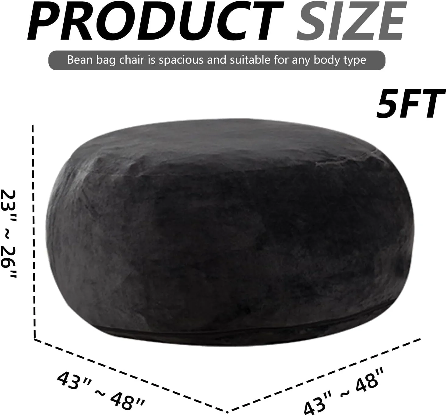 Big Bean Bag，Bean Bag Chair with Filler Included，5FT，Soft Memory Foam Chair，Removable and Washable Flannel Cover, Suitable for Living Room, Bedroom and Dormitory. (Black)