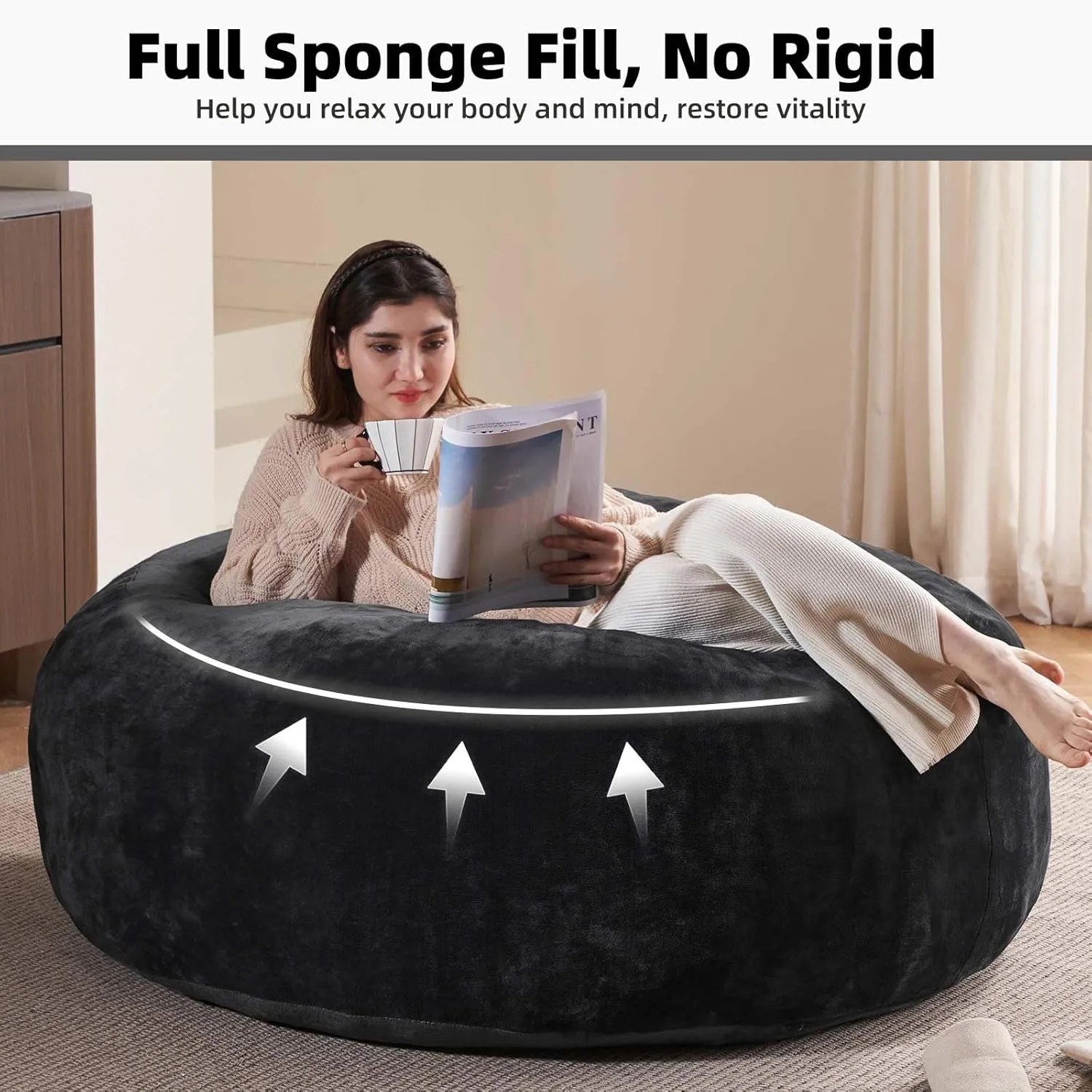 Big Bean Bag，Bean Bag Chair with Filler Included，5FT，Soft Memory Foam Chair，Removable and Washable Flannel Cover, Suitable for Living Room, Bedroom and Dormitory. (Black)