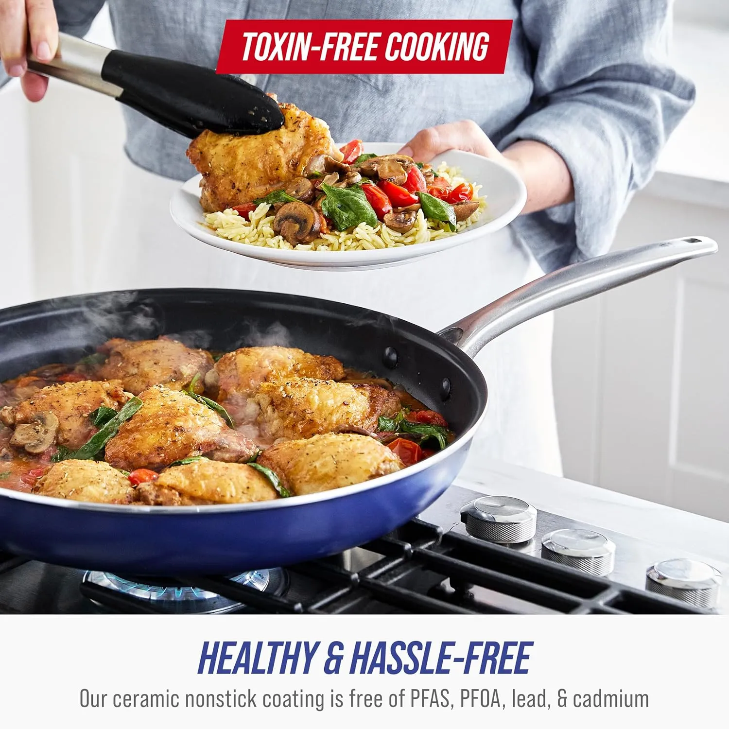 Blue Diamond 10 Piece Nonstick Cookware Set, Diamond Ceramic Pots & Pans, Dishwasher & Metal Utensil Safe, Non Toxic PFAS-Free, Kitchen Cooking Sauce & Saute Pans, Oven & Broiler to 600F, Blue