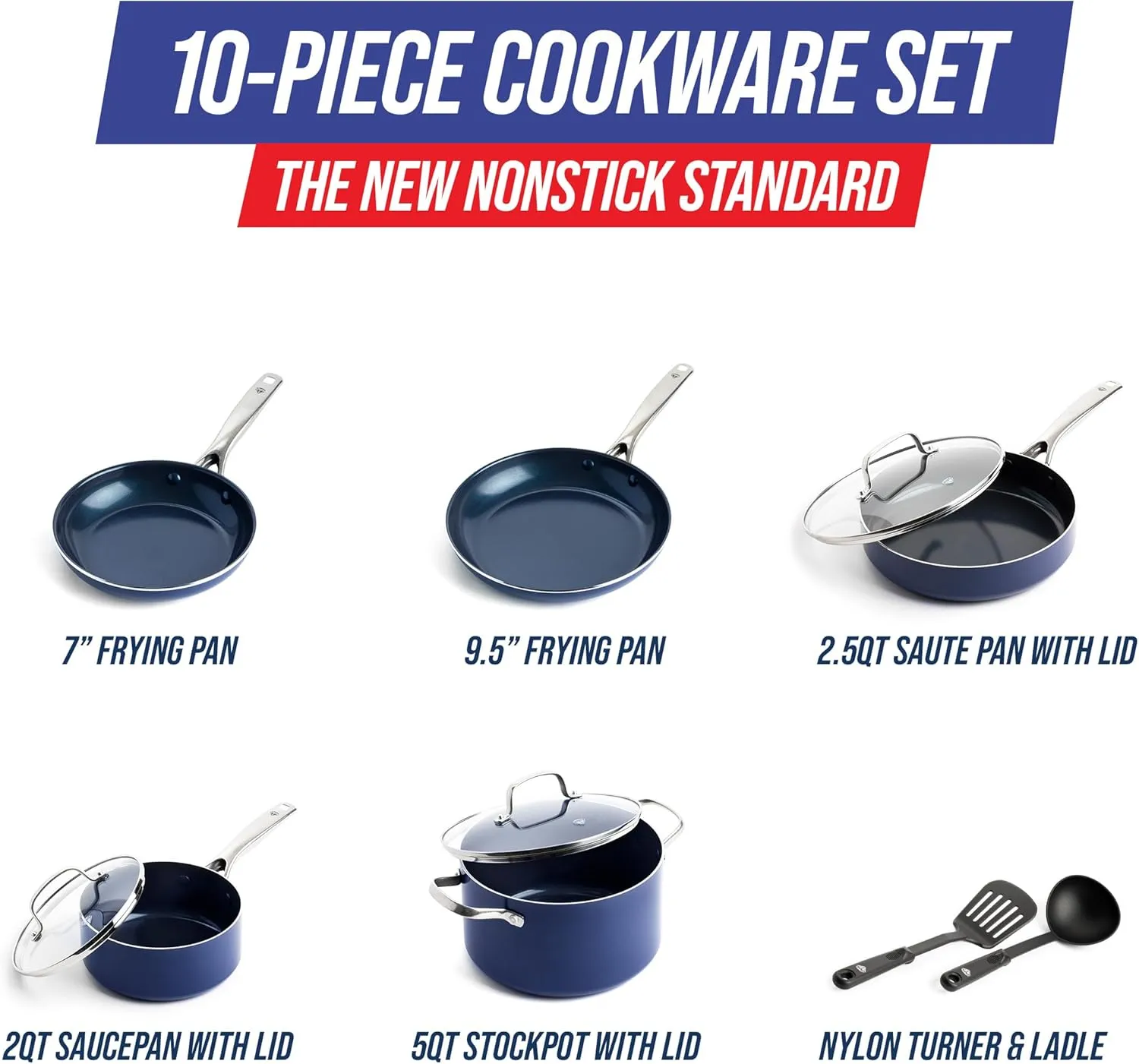Blue Diamond 10 Piece Nonstick Cookware Set, Diamond Ceramic Pots & Pans, Dishwasher & Metal Utensil Safe, Non Toxic PFAS-Free, Kitchen Cooking Sauce & Saute Pans, Oven & Broiler to 600F, Blue