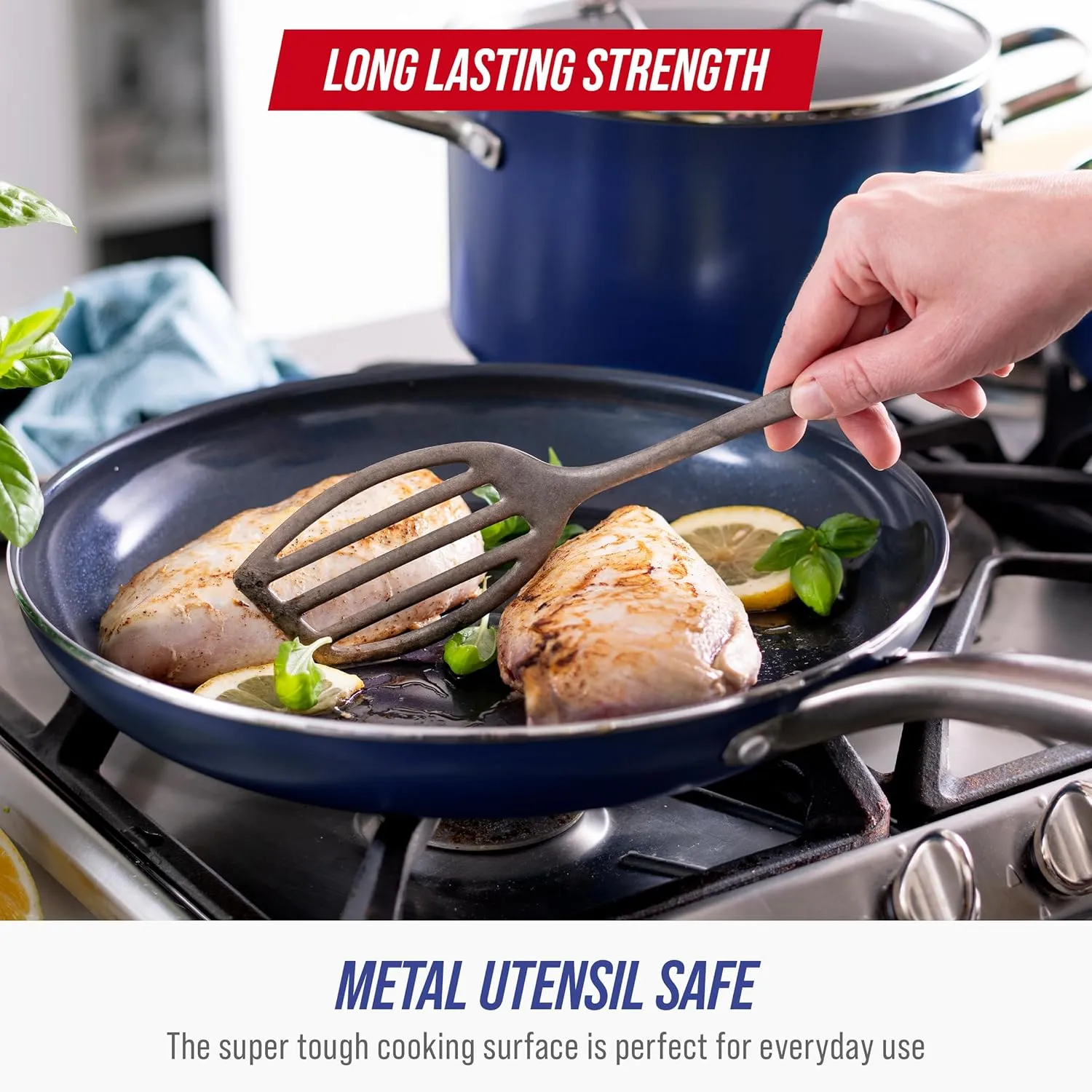 Blue Diamond 10 Piece Nonstick Cookware Set, Diamond Ceramic Pots & Pans, Dishwasher & Metal Utensil Safe, Non Toxic PFAS-Free, Kitchen Cooking Sauce & Saute Pans, Oven & Broiler to 600F, Blue