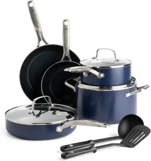 Blue Diamond 10 Piece Nonstick Cookware Set, Diamond Ceramic Pots & Pans, Dishwasher & Metal Utensil Safe, Non Toxic PFAS-Free, Kitchen Cooking Sauce & Saute Pans, Oven & Broiler to 600F, Blue