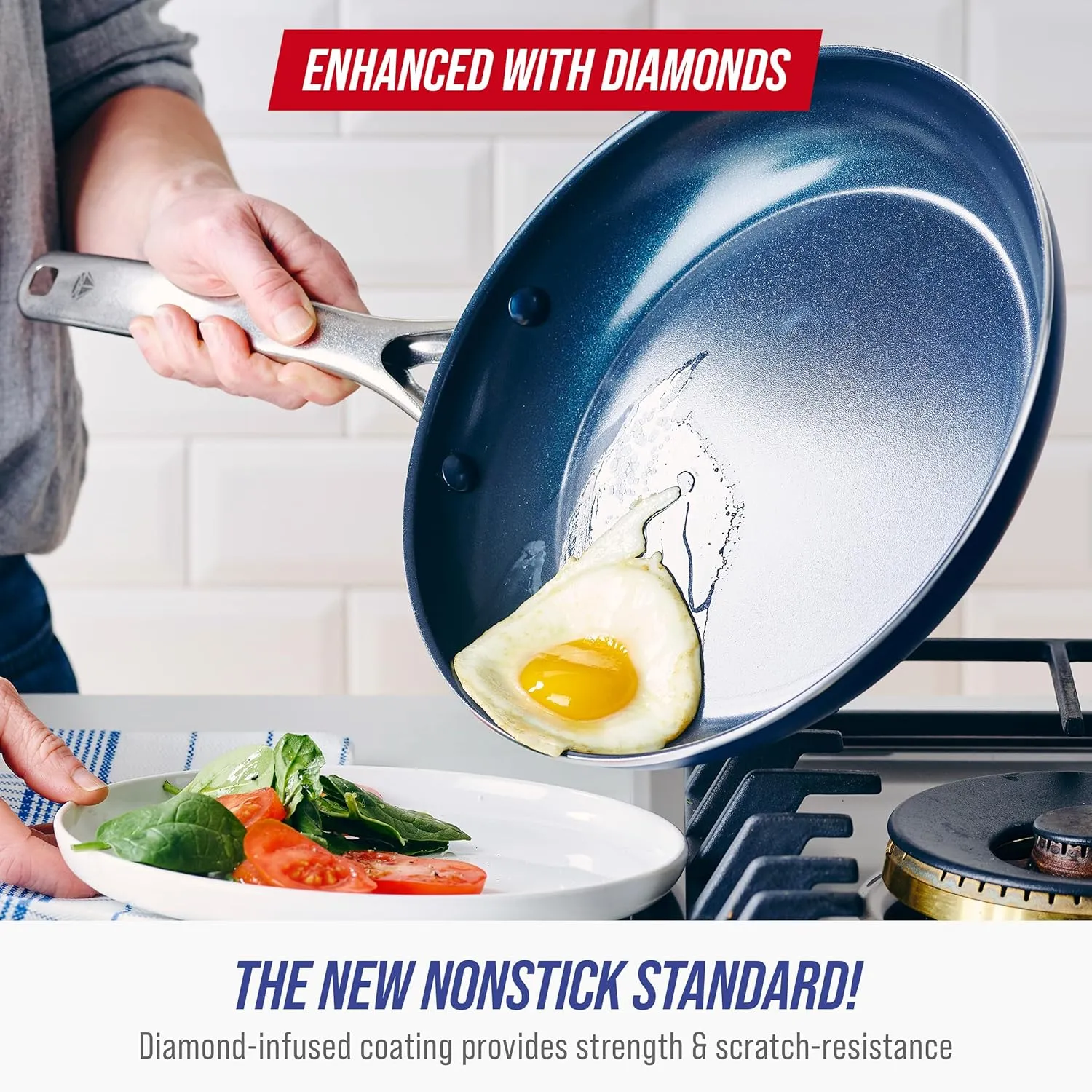Blue Diamond 10 Piece Nonstick Cookware Set, Diamond Ceramic Pots & Pans, Dishwasher & Metal Utensil Safe, Non Toxic PFAS-Free, Kitchen Cooking Sauce & Saute Pans, Oven & Broiler to 600F, Blue