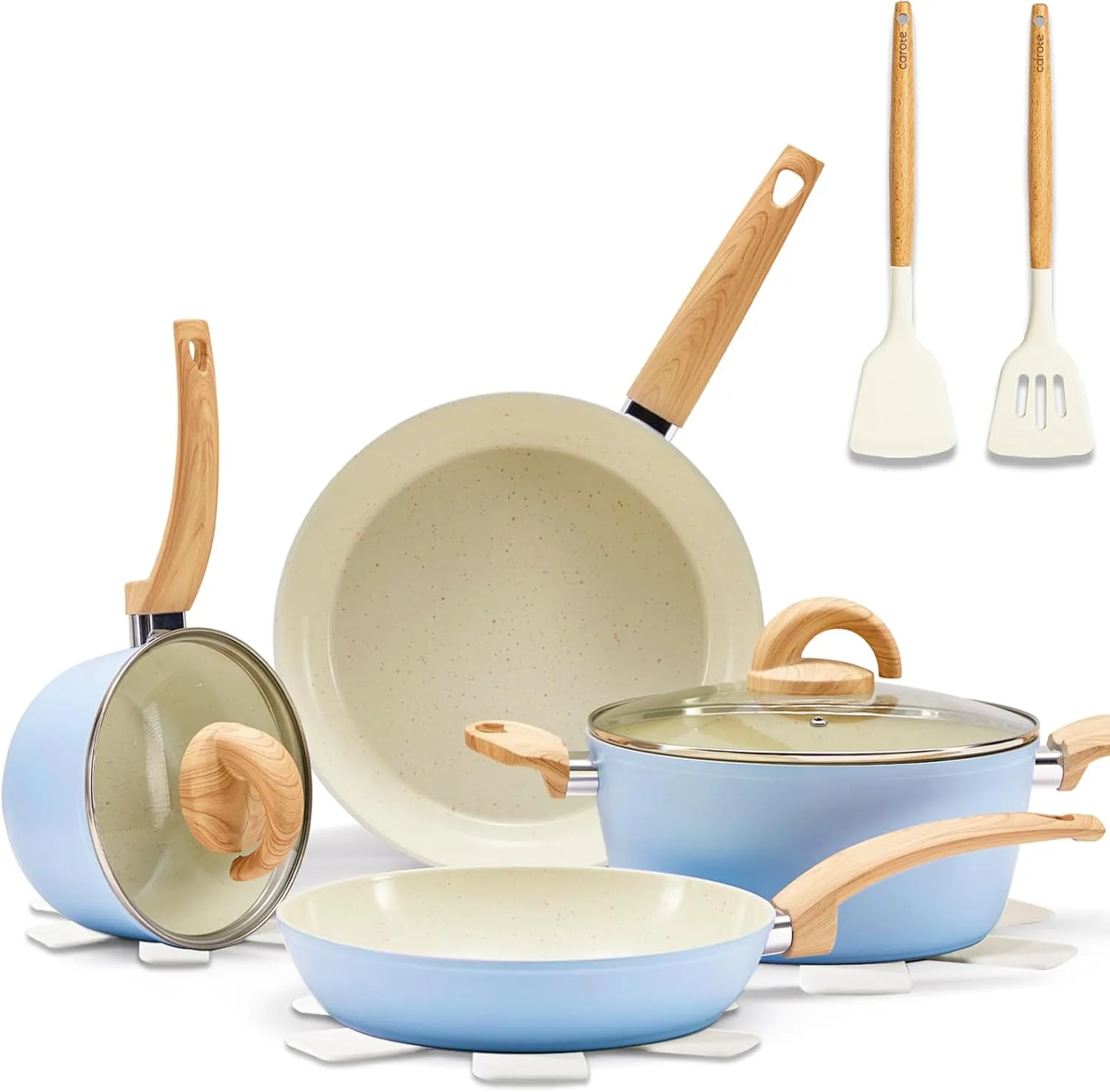 Blue Non Stick Pots and Pans Set, Healthy Ceramic Cookware Set, 12pcs Kitchen Cooking Pots and Frying Sauce Saute Pans Set, PFAS-Free with Kitchen Utensils and Lid