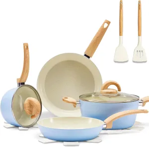 Blue Non Stick Pots and Pans Set, Healthy Ceramic Cookware Set, 12pcs Kitchen Cooking Pots and Frying Sauce Saute Pans Set, PFAS-Free with Kitchen Utensils and Lid