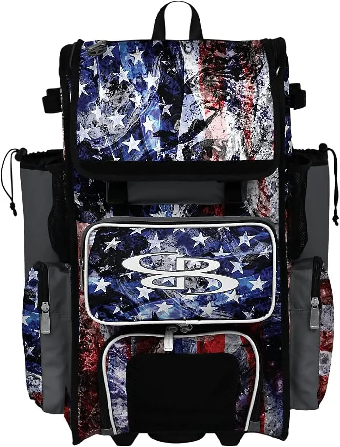 Boombah Rolling Superpack 2.0 Baseball/Softball Gear Bag - 23-1/2" x 13-1/2" x 9-1/2" - USA Allegiance Charcoal/Royal Blue/White - Telescopic Handle - Holds 4 Bats - Wheeled Version