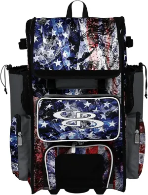 Boombah Rolling Superpack 2.0 Baseball/Softball Gear Bag - 23-1/2" x 13-1/2" x 9-1/2" - USA Allegiance Charcoal/Royal Blue/White - Telescopic Handle - Holds 4 Bats - Wheeled Version