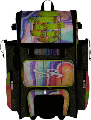 Boombah Rolling Superpack Baseball/Softball Gear Bag - Telescopic Handle - Holds 4 Bats - Wheeled Version - Softball Focus Glitter Optic Yellow/Black/Amethyst Orchid