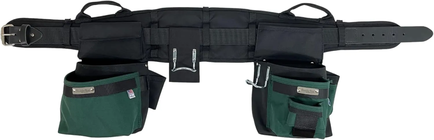 BOULDER BAG Professional Pro Framer MAX Combo with Comfort Back Support Tool Belt, Leather Belt Buckle, Heavy Duty, Green (Medium 28-32 Inches), Made in USA