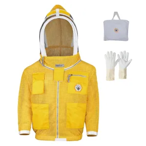 BP-301 Beekeeping Jacket with Veil 3 Layer Ultra Ventilated Bee Suit with Total Protection, Safety Fencing, YKK Zippers with Carrying Bag (Golden) X-Large