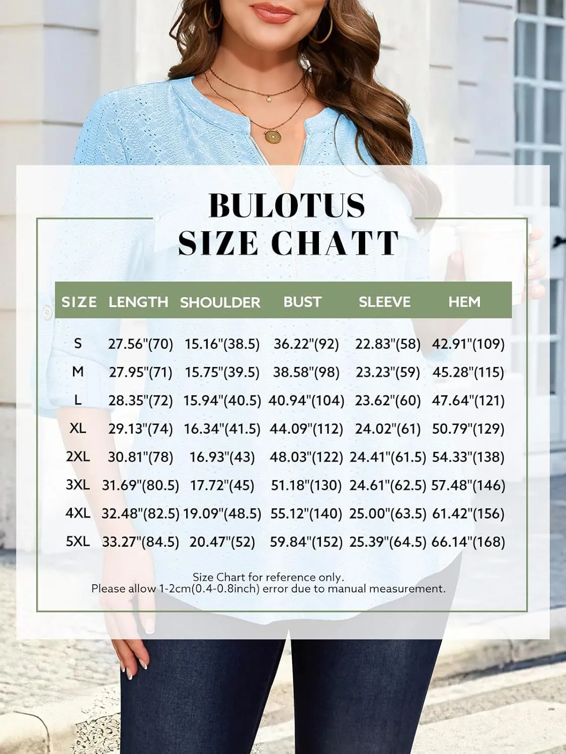 Bulotus Women's Zip Front V-Neck 3/4 Sleeve Tunic Casual Top