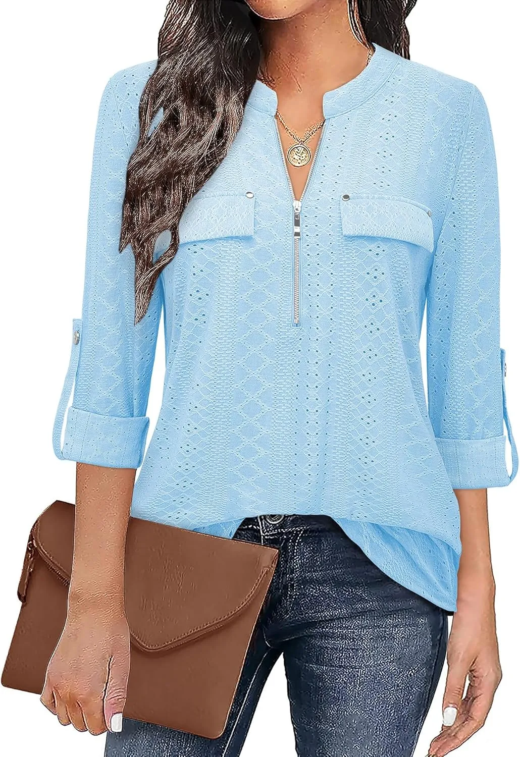 Bulotus Women's Zip Front V-Neck 3/4 Sleeve Tunic Casual Top