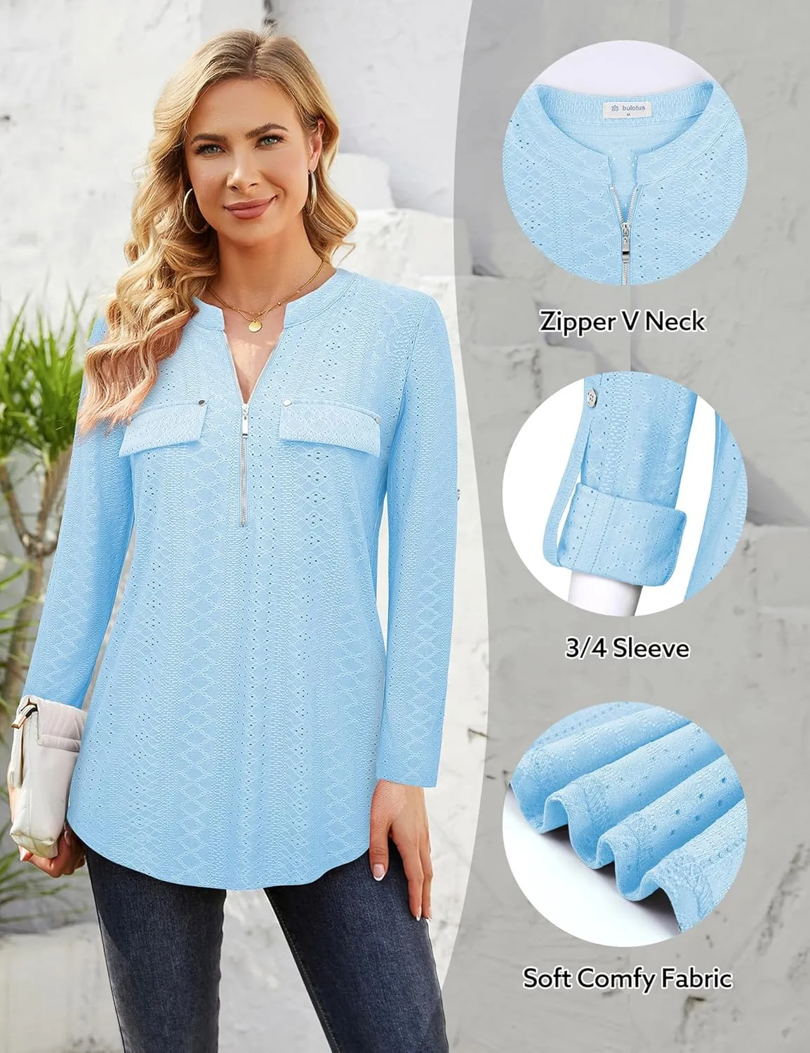 Bulotus Women's Zip Front V-Neck 3/4 Sleeve Tunic Casual Top