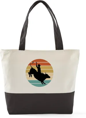 CafePress Rodeo Bull Rider Retro Sunset Canvas Tote Top Zipper Closure