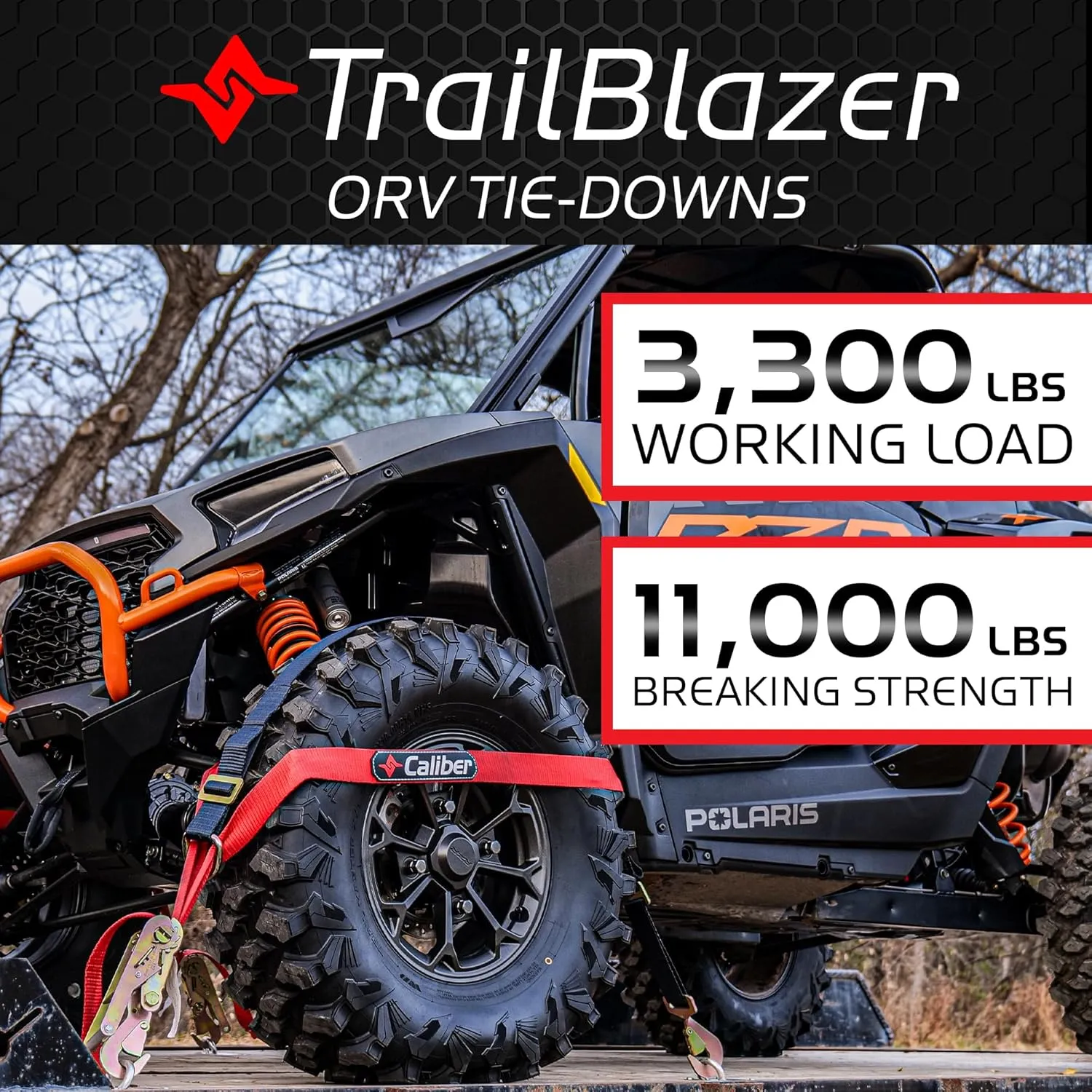 Caliber Trailblazer ORV Heavy-Duty Tie Down Straps, 2-Way Tension Around Tire with 11,000 lbs. Break Strength, 4-Pack