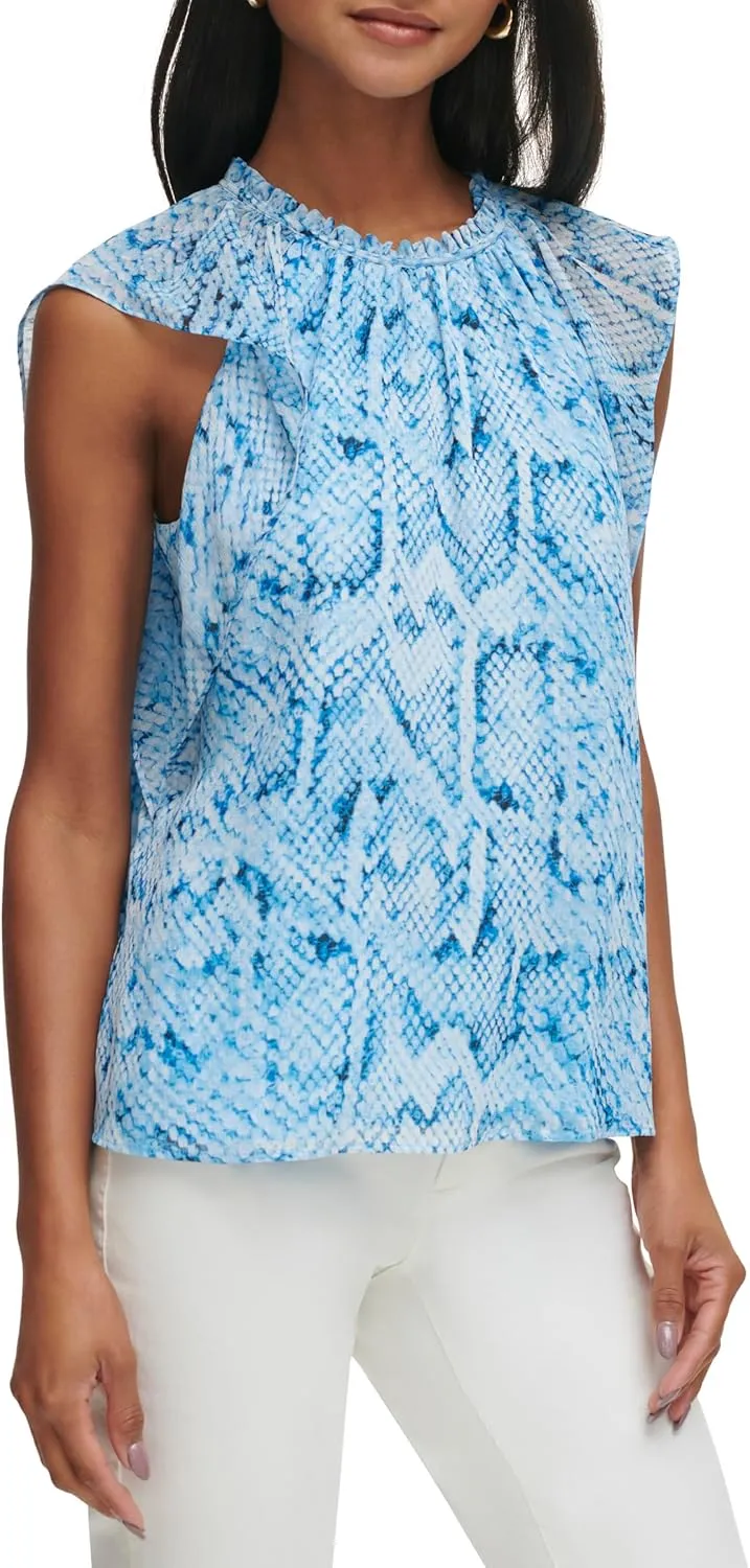 Calvin Klein Women's Printed Chiffon Sleeveless Blouse Top