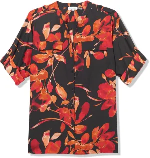 Calvin Klein Women's Roll Tab Sleeve Printed Blouse