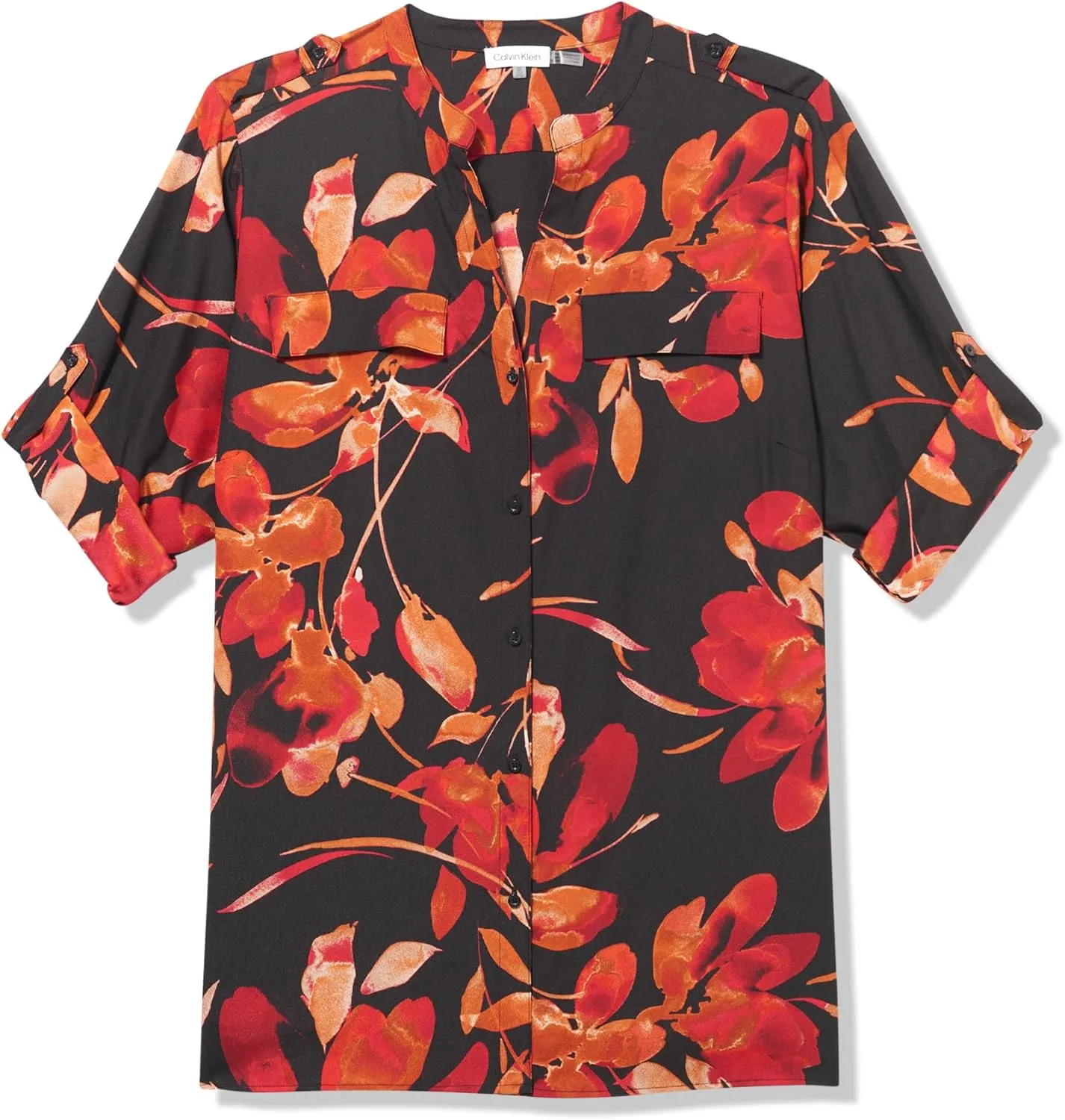 Calvin Klein Women's Roll Tab Sleeve Printed Blouse