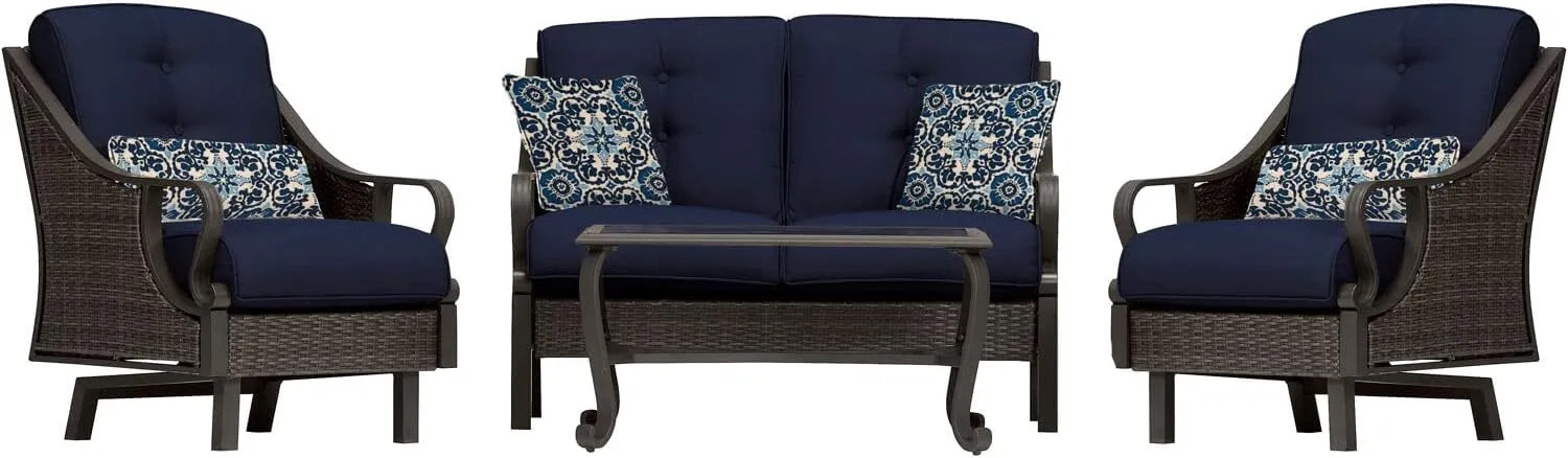 Cambridge Patio Navy Blue Saratoga Hand-Woven Wicker 4-Piece Chat Set | Outdoor Luxury Seating | UV Protected Cushions | Weather and Rust Resistant SARATO4PC-NVY