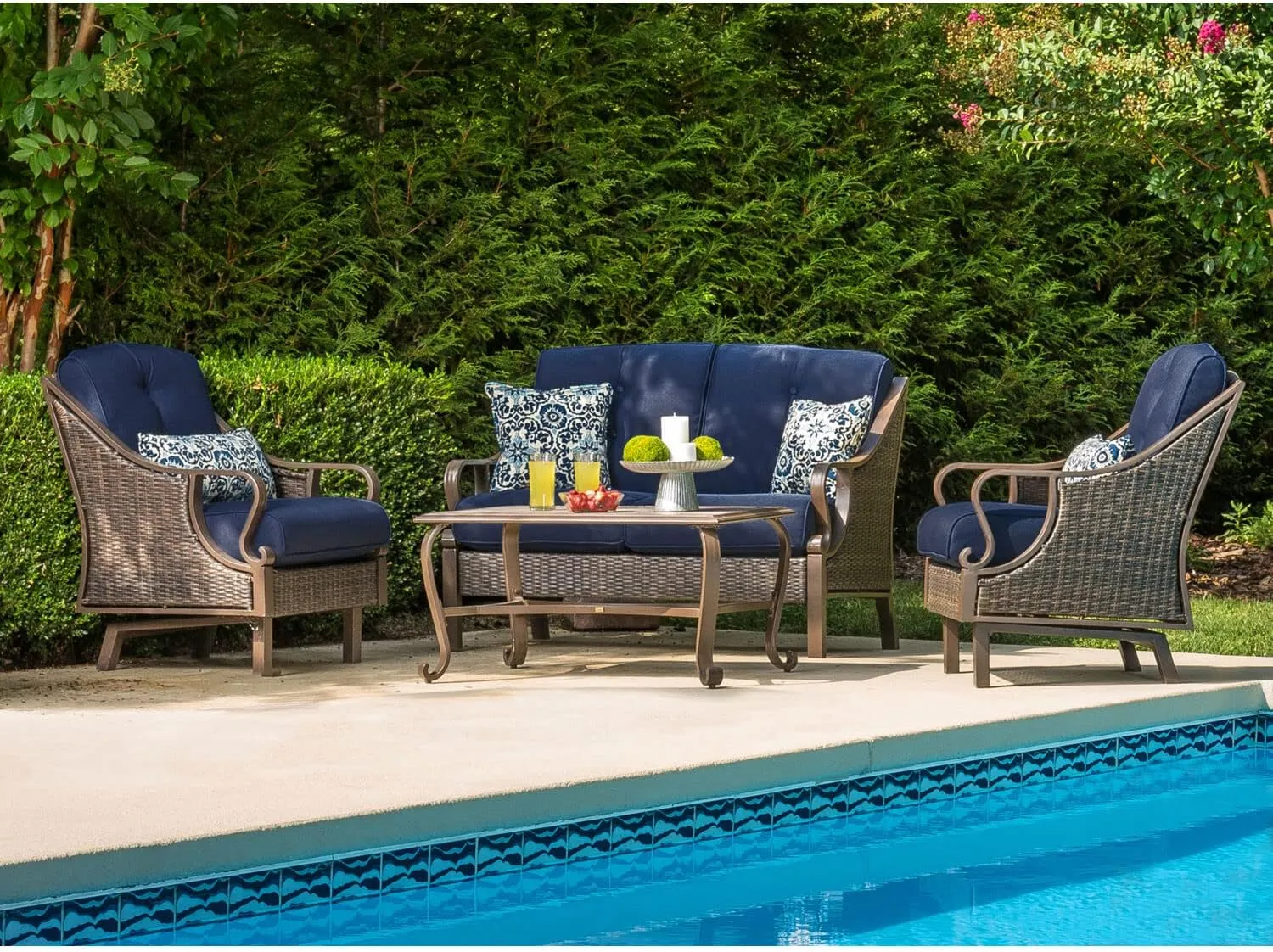 Cambridge Patio Navy Blue Saratoga Hand-Woven Wicker 4-Piece Chat Set | Outdoor Luxury Seating | UV Protected Cushions | Weather and Rust Resistant SARATO4PC-NVY