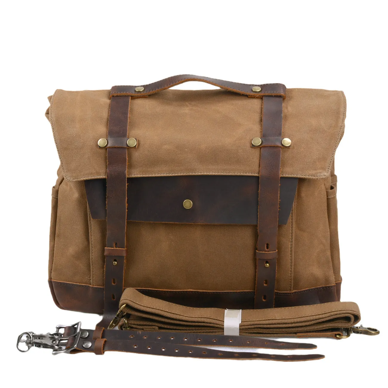 Canvas and Leather Roll-Top Messenger Bag with Detachable Strap