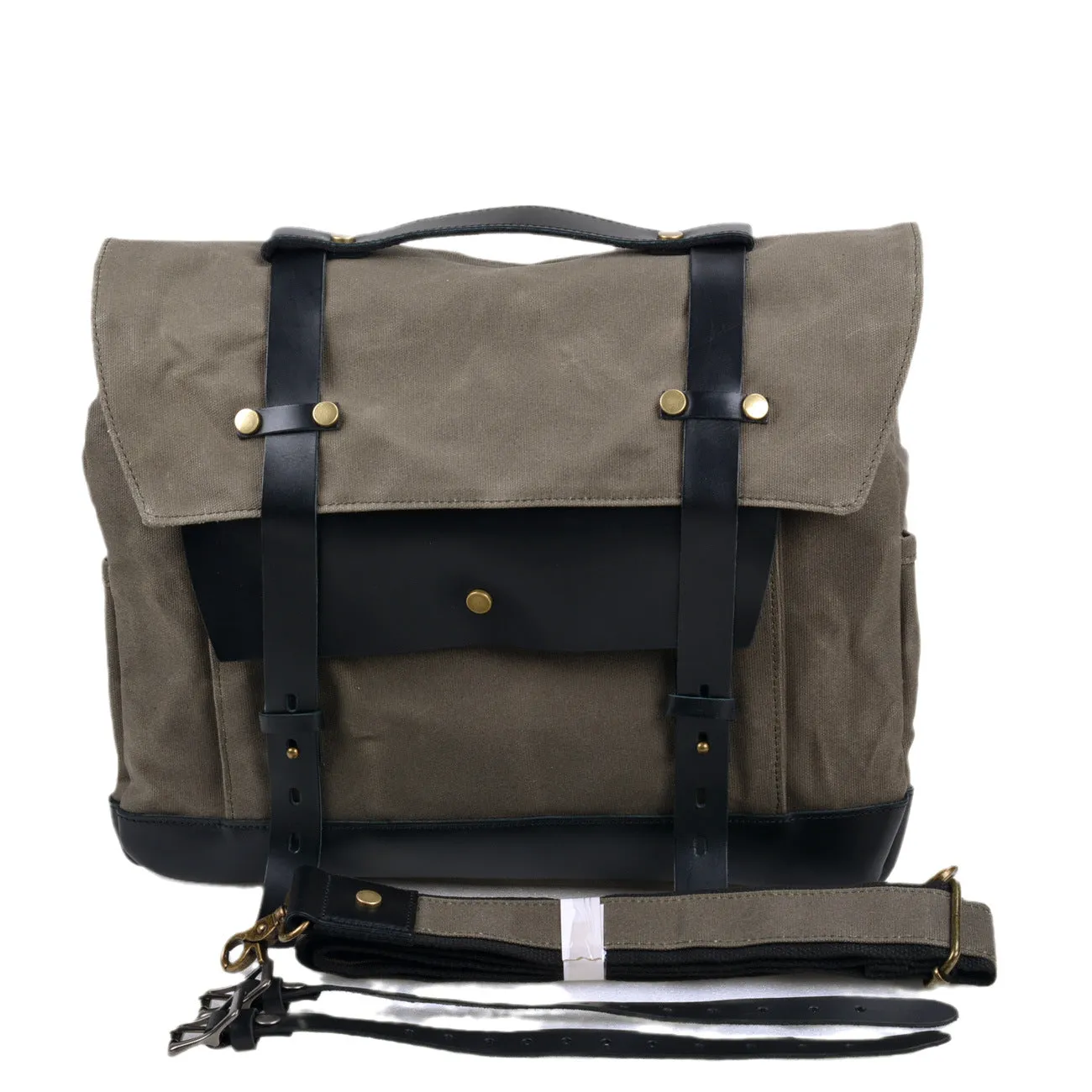 Canvas and Leather Roll-Top Messenger Bag with Detachable Strap