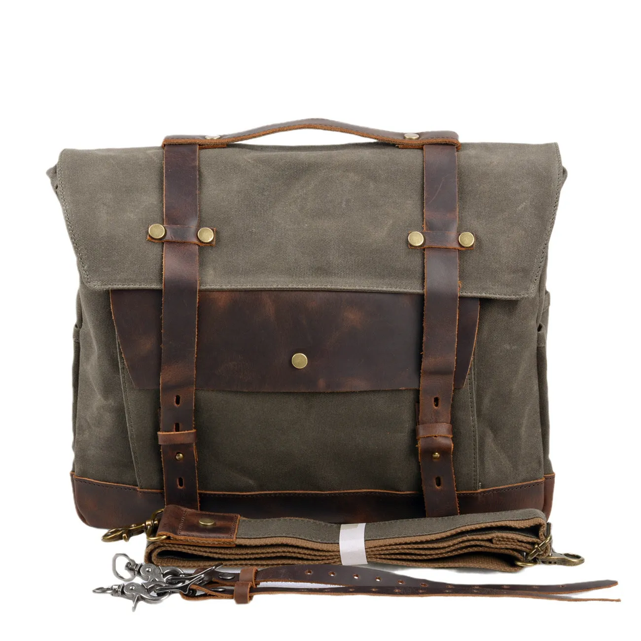 Canvas and Leather Roll-Top Messenger Bag with Detachable Strap