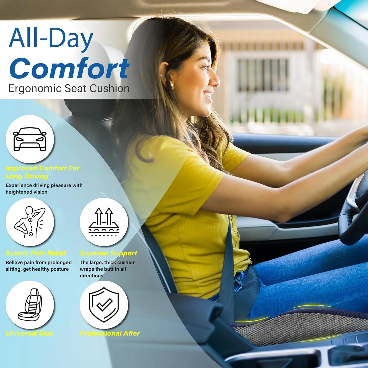Car Seat Cushion, Ergonomic Memory Foam Butt Cushion for Sciatica Pain Relief, Adult Booster Seat for Short People, Car Pillow for Driving, Truck, Office, Wheelchair - Blue&Gray